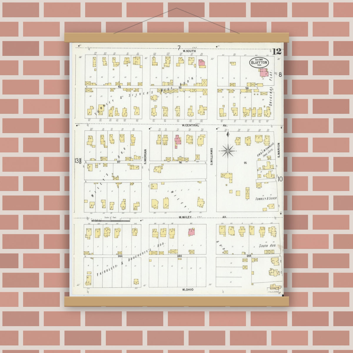 Old map wall art mockup — magnetic wood frame on brick wall — Sanborn Fire Insurance Map from Bluffton, Wells County, Indiana (1900), Sheet #0012