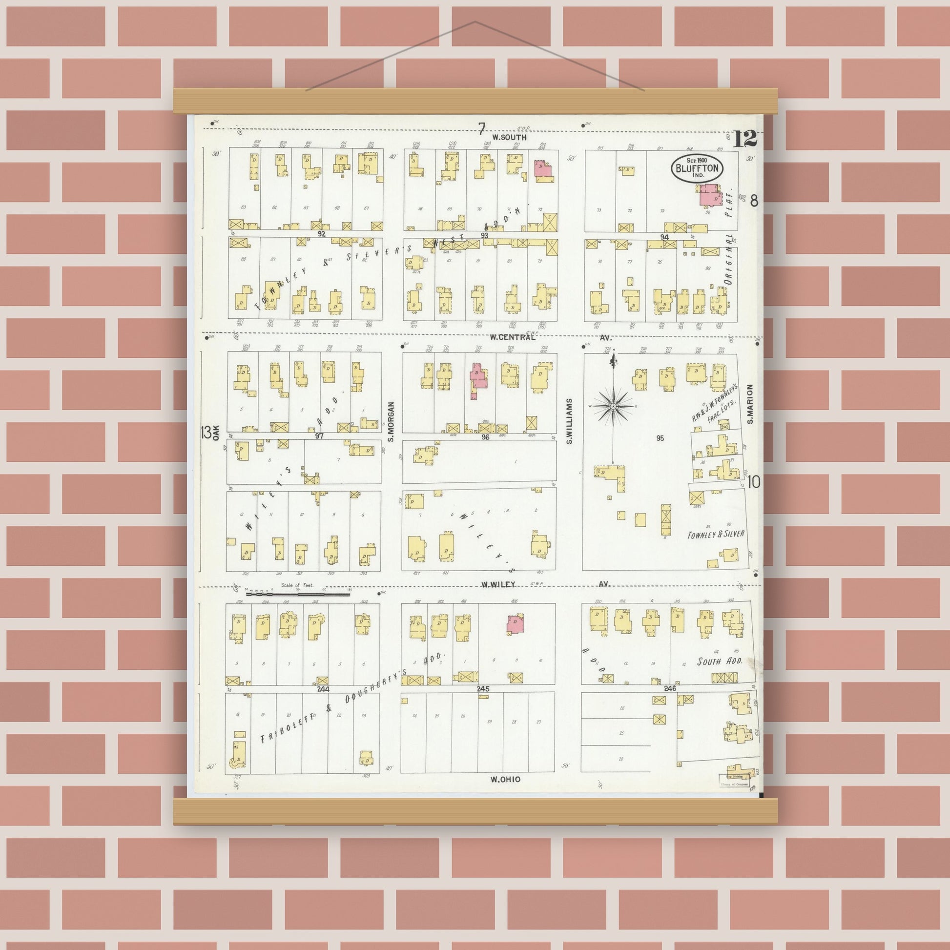 Old map wall art mockup — magnetic wood frame on brick wall — Sanborn Fire Insurance Map from Bluffton, Wells County, Indiana (1900), Sheet #0012