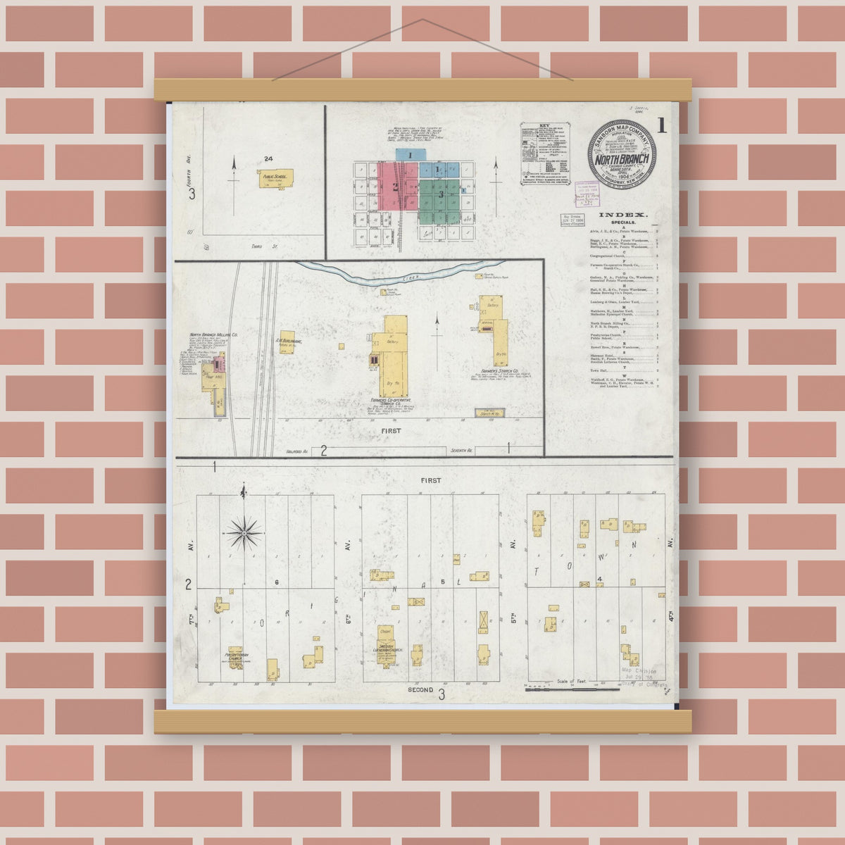 Old map wall art mockup — magnetic wood frame on brick wall — Sanborn Fire Insurance Map from North Branch, Chisago County, Minnesota (1904), Sheet #0001