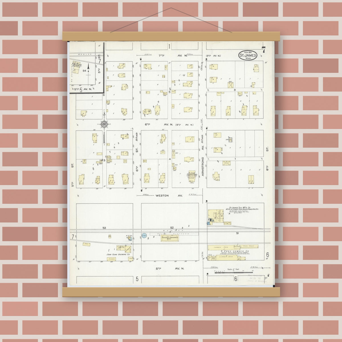 Old map wall art mockup — magnetic wood frame on brick wall — Sanborn Fire Insurance Map from Saint James, Watonwan County, Minnesota (1914), Sheet #0007