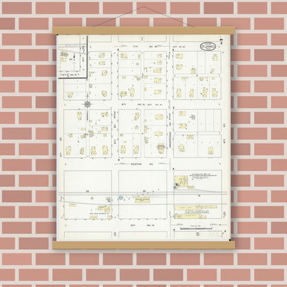 Old map wall art mockup — magnetic wood frame on brick wall — Sanborn Fire Insurance Map from Saint James, Watonwan County, Minnesota (1914), Sheet #0007