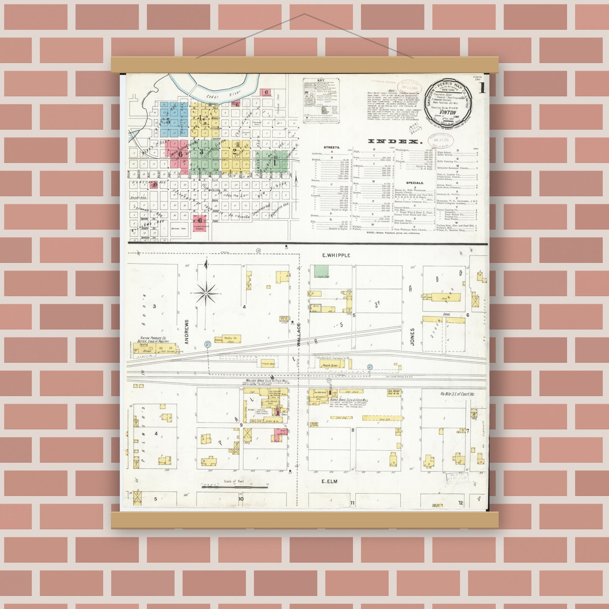 Old map wall art mockup — magnetic wood frame on brick wall — Sanborn Fire Insurance Map from Vinton, Benton County, Iowa (1899), Sheet #0001