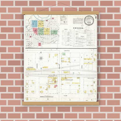 Old map wall art mockup — magnetic wood frame on brick wall — Sanborn Fire Insurance Map from Vinton, Benton County, Iowa (1899), Sheet #0001