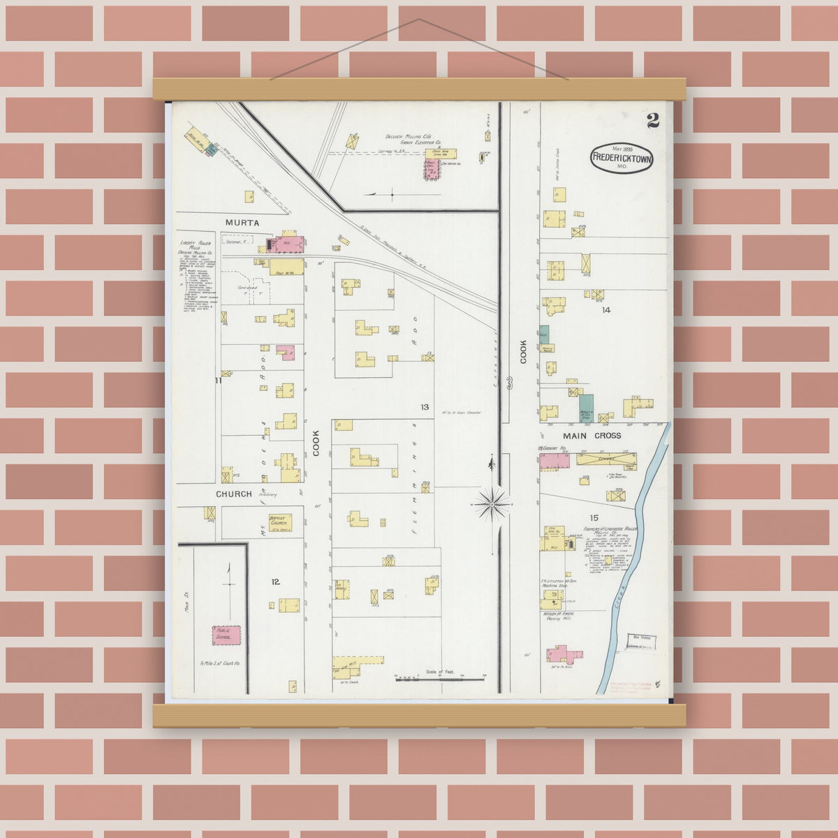 Old map wall art mockup — magnetic wood frame on brick wall — Sanborn Fire Insurance Map from Fredericktown, Madison County, Missouri (1893), Sheet #0002
