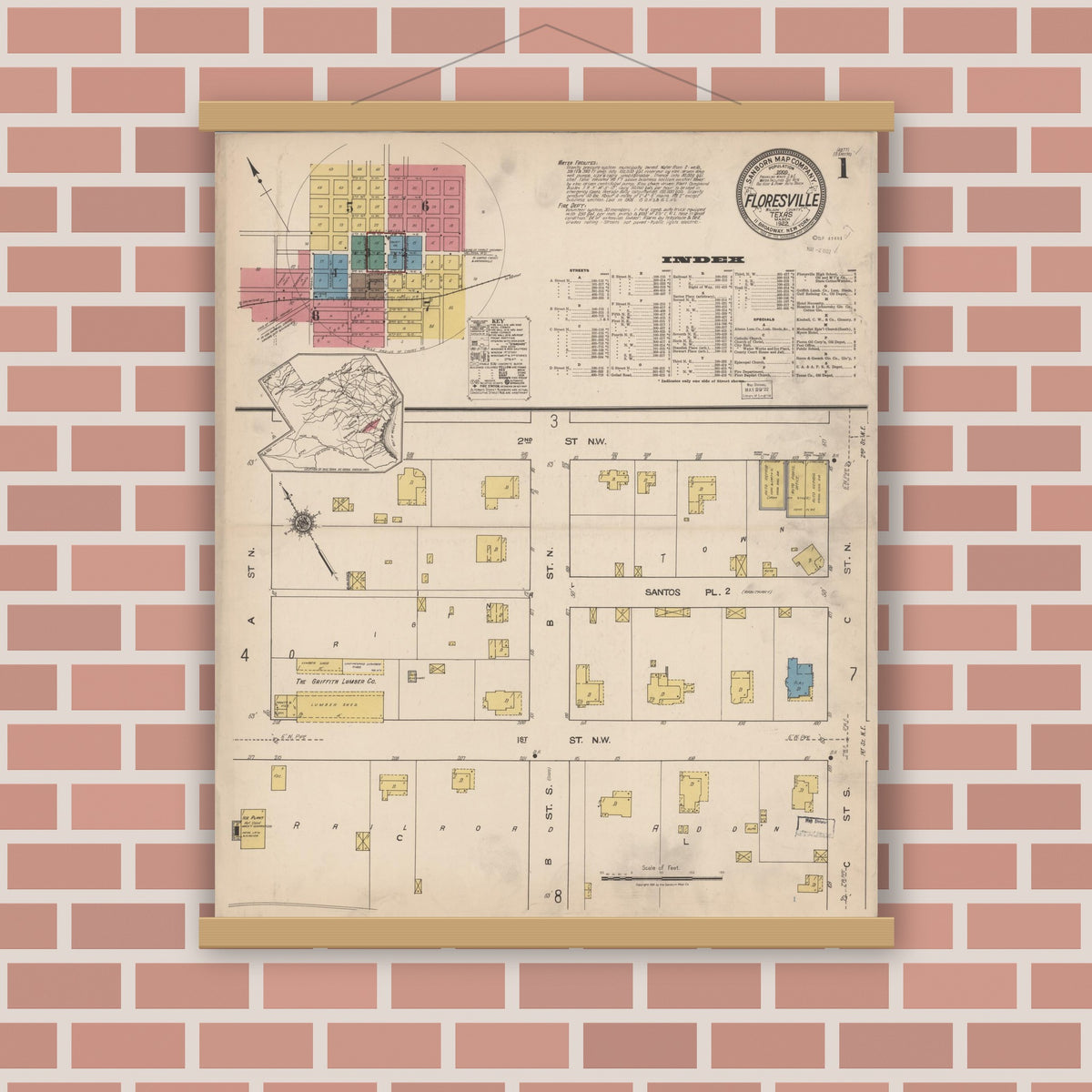 Old map wall art mockup — magnetic wood frame on brick wall — Sanborn Fire Insurance Map from Floresville, Wilson County, Texas (1922) - Complete Map Set