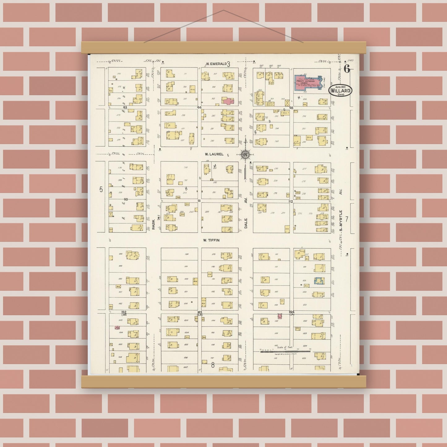 Old map wall art mockup — magnetic wood frame on brick wall — Sanborn Fire Insurance Map from Willard, Huron County, Ohio (1922), Sheet #0006