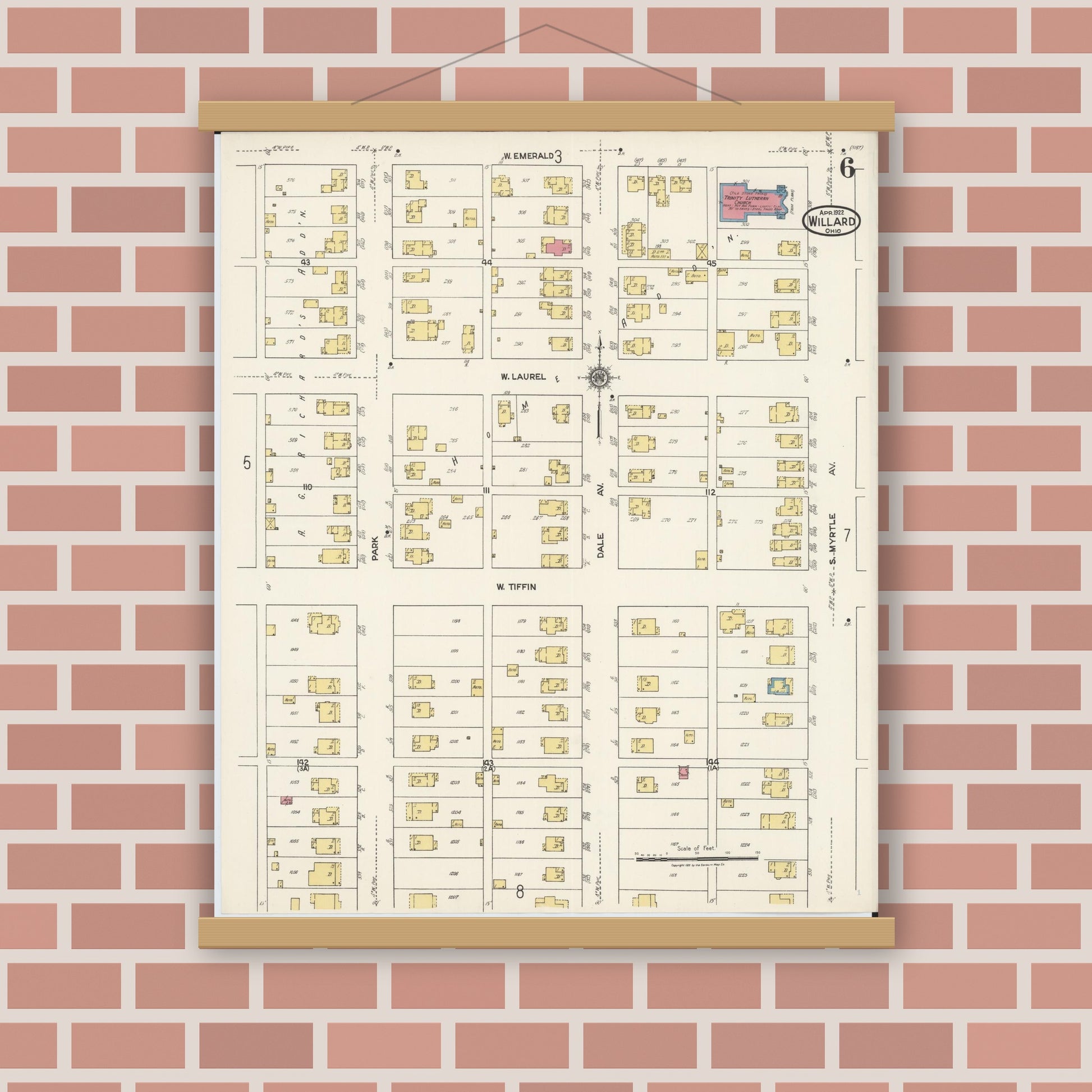 Old map wall art mockup — magnetic wood frame on brick wall — Sanborn Fire Insurance Map from Willard, Huron County, Ohio (1922), Sheet #0006