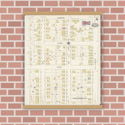 Old map wall art mockup — magnetic wood frame on brick wall — Sanborn Fire Insurance Map from Willard, Huron County, Ohio (1922), Sheet #0006