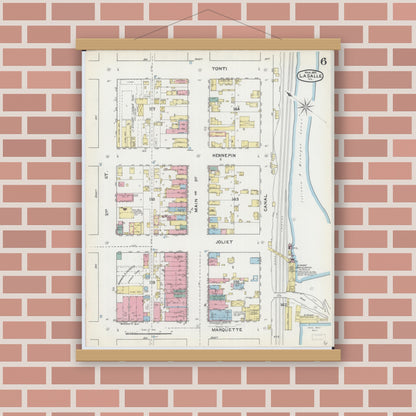Old map wall art mockup — magnetic wood frame on brick wall — Sanborn Fire Insurance Map from La Salle, La Salle County, Illinois (1892), Sheet #0006