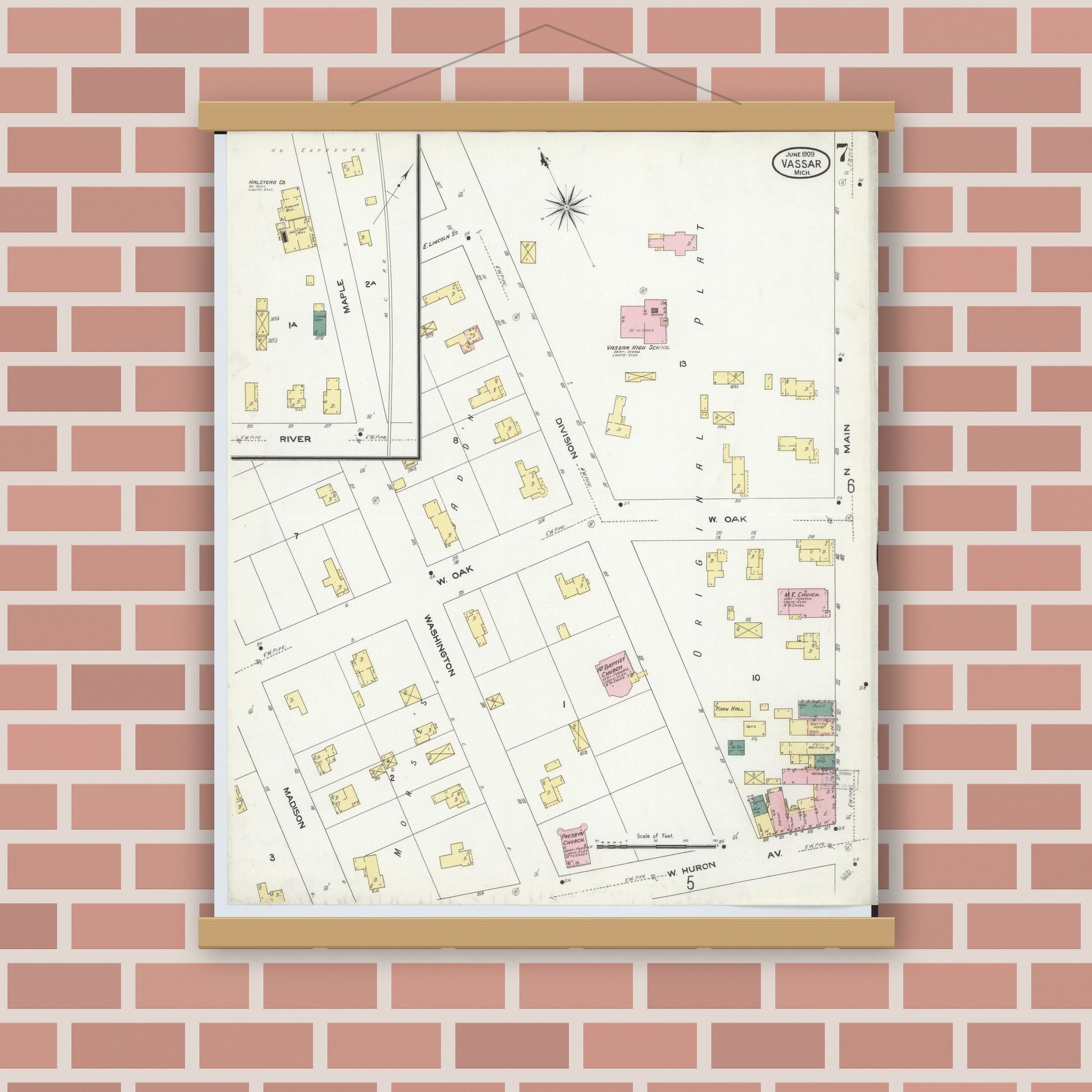 Old map wall art mockup — magnetic wood frame on brick wall — Sanborn Fire Insurance Map from Vassar, Tuscola County, Michigan (1909), Sheet #0007