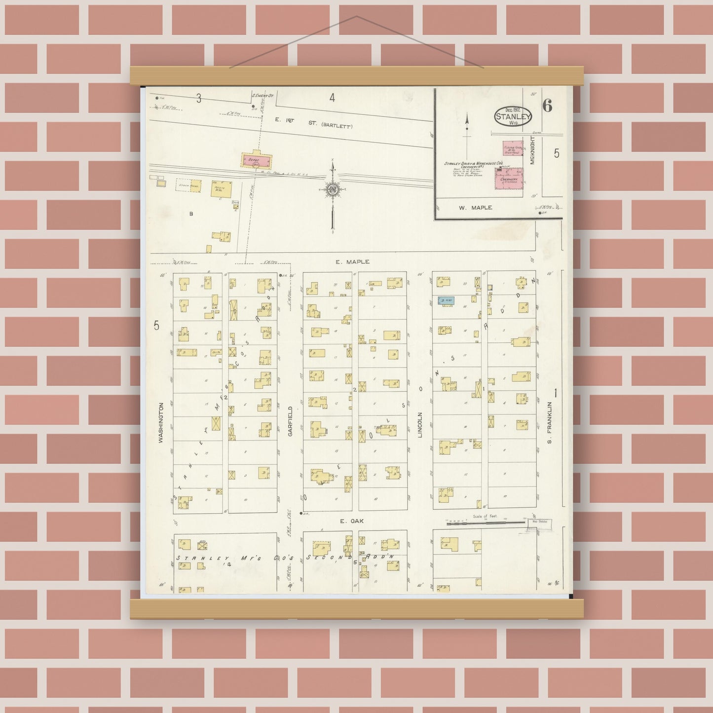 Old map wall art mockup — magnetic wood frame on brick wall — Sanborn Fire Insurance Map from Stanley, Chippewa County, Wisconsin (1912), Sheet #0006