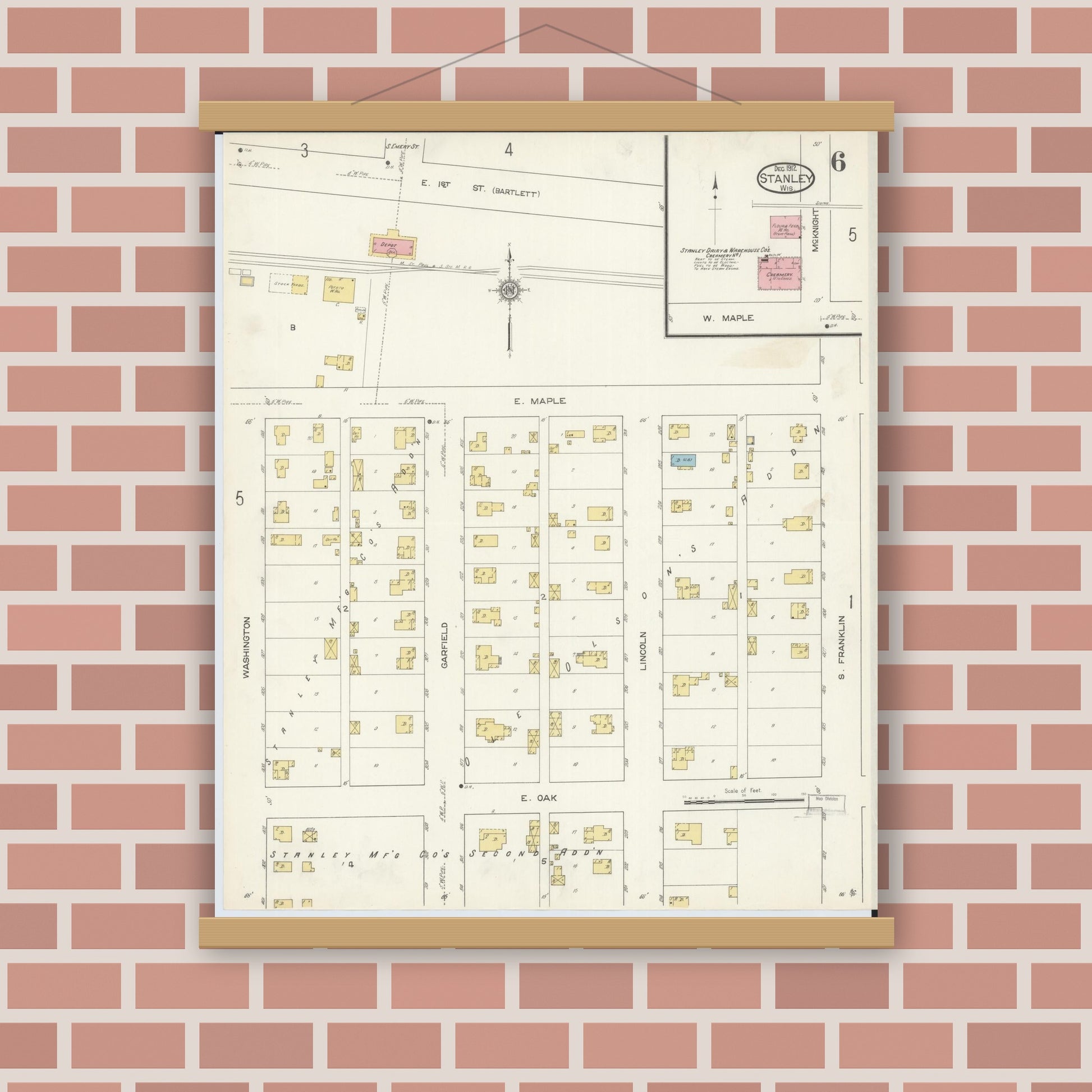 Old map wall art mockup — magnetic wood frame on brick wall — Sanborn Fire Insurance Map from Stanley, Chippewa County, Wisconsin (1912), Sheet #0006