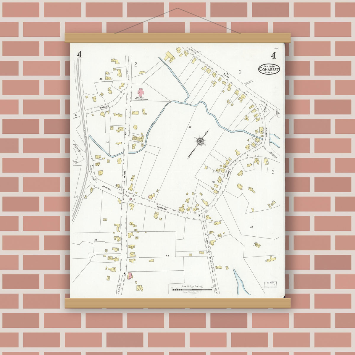 Old map wall art mockup — magnetic wood frame on brick wall — Sanborn Fire Insurance Map from Cohasset, Norfolk County, Massachusetts (1928), Sheet #0004