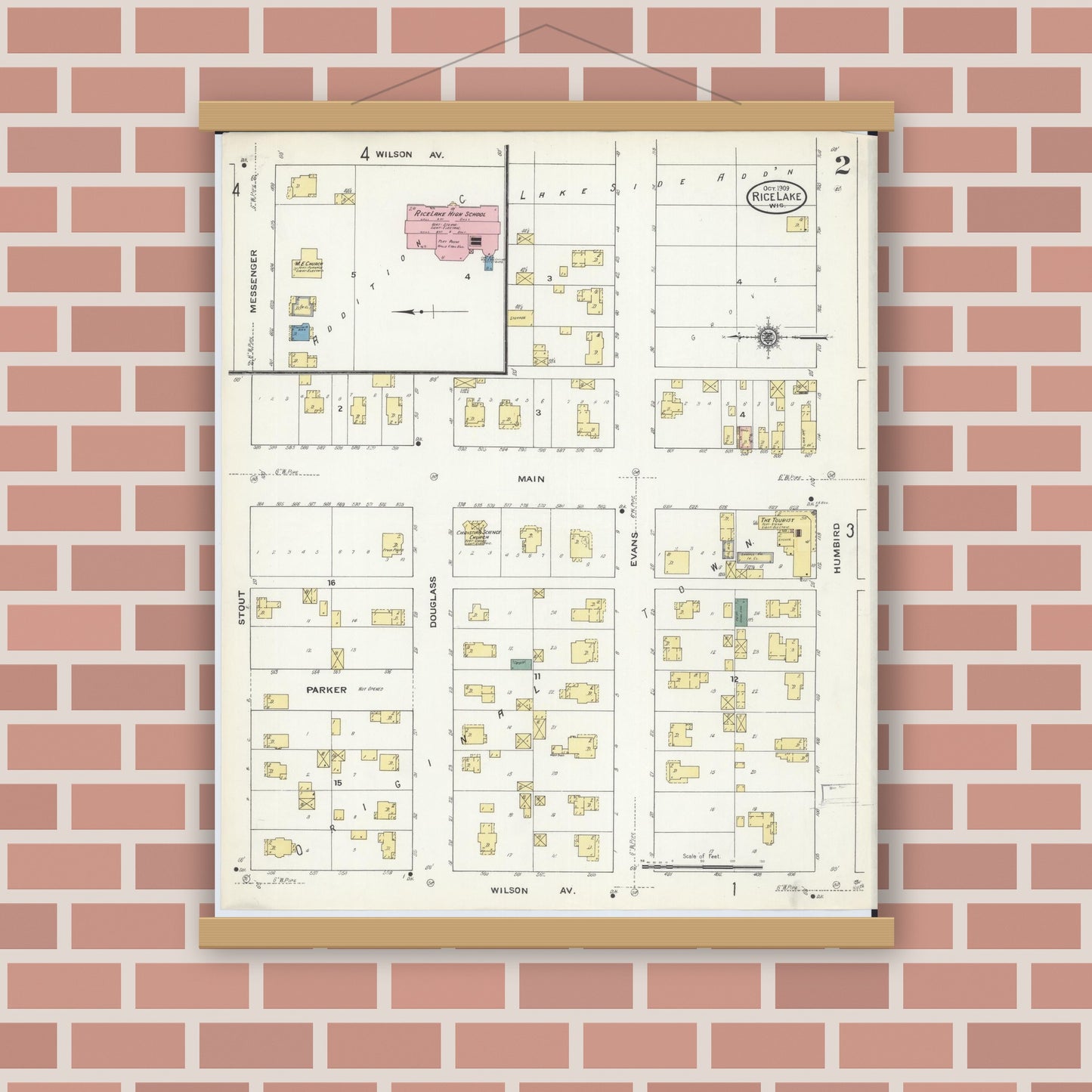 Old map wall art mockup — magnetic wood frame on brick wall — Sanborn Fire Insurance Map from Rice Lake, Barron County, Wisconsin (1909), Sheet #0002