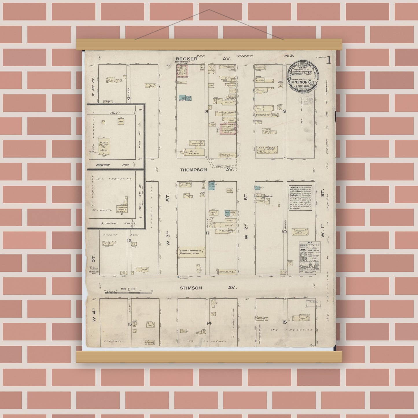 Old map wall art mockup — magnetic wood frame on brick wall — Sanborn Fire Insurance Map from Superior, Douglas County, Wisconsin (1884), Sheet #0001