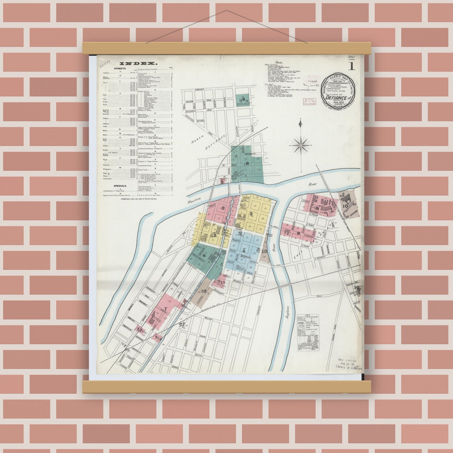 Old map wall art mockup — magnetic wood frame on brick wall — Sanborn Fire Insurance Map from Defiance, Defiance County, Ohio (1893) - Complete Map Set