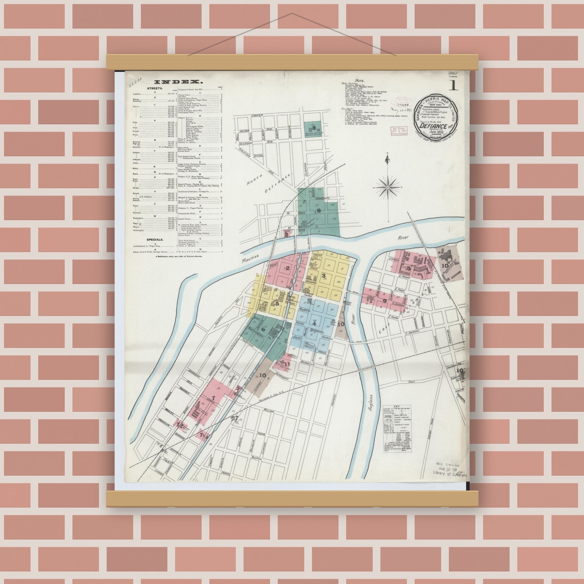 Old map wall art mockup — magnetic wood frame on brick wall — Sanborn Fire Insurance Map from Defiance, Defiance County, Ohio (1893) - Complete Map Set