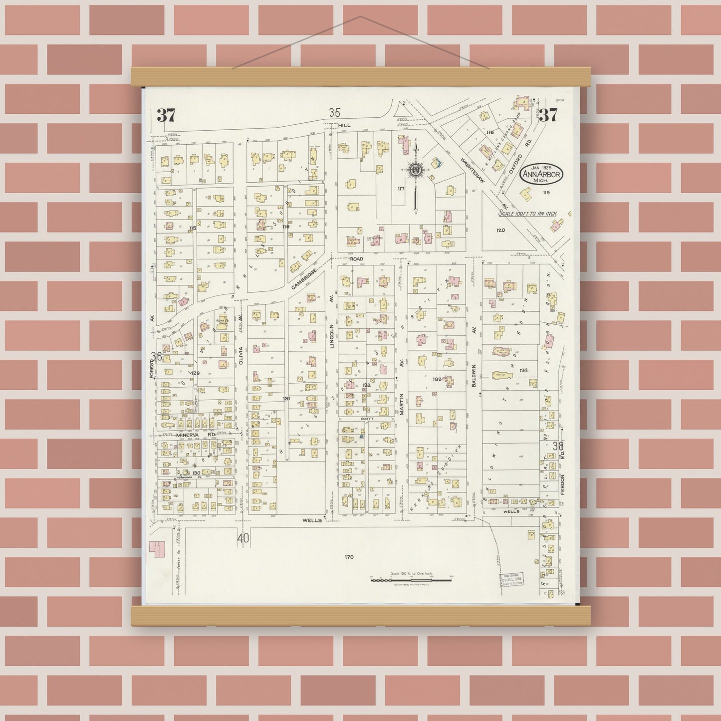 Old map wall art mockup — magnetic wood frame on brick wall — Sanborn Fire Insurance Map from Ann Arbor, Washtenaw County, Michigan (1925), Sheet #0037