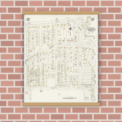 Old map wall art mockup — magnetic wood frame on brick wall — Sanborn Fire Insurance Map from Ann Arbor, Washtenaw County, Michigan (1925), Sheet #0037