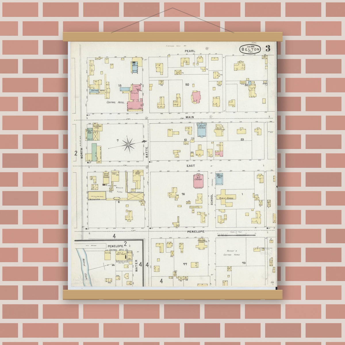 Old map wall art mockup — magnetic wood frame on brick wall — Sanborn Fire Insurance Map from Belton, Bell County, Texas (1896), Sheet #0003