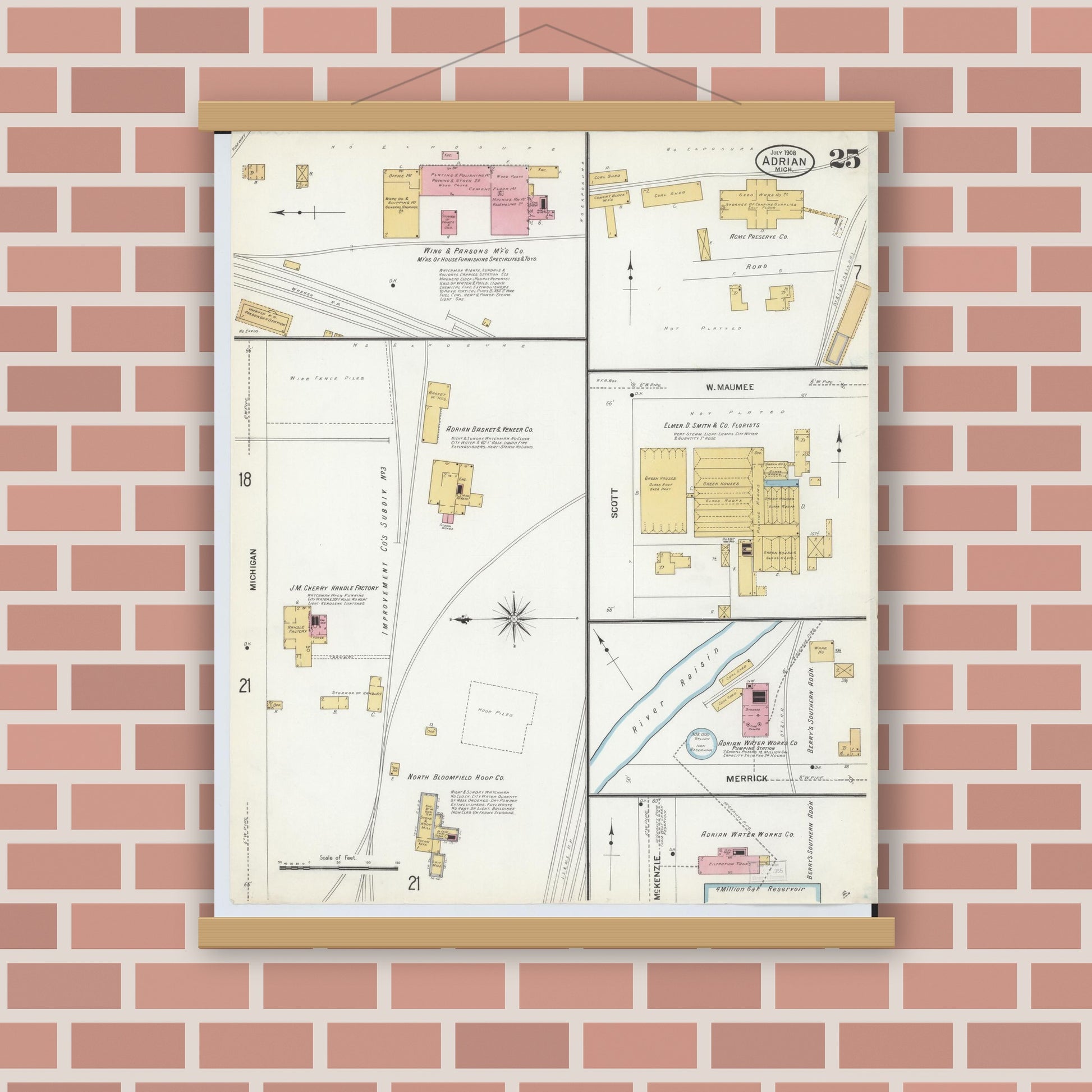 Old map wall art mockup — magnetic wood frame on brick wall — Sanborn Fire Insurance Map from Adrian, Lenawee County, Michigan (1908), Sheet #0025