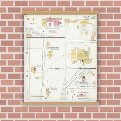 Old map wall art mockup — magnetic wood frame on brick wall — Sanborn Fire Insurance Map from Adrian, Lenawee County, Michigan (1908), Sheet #0025