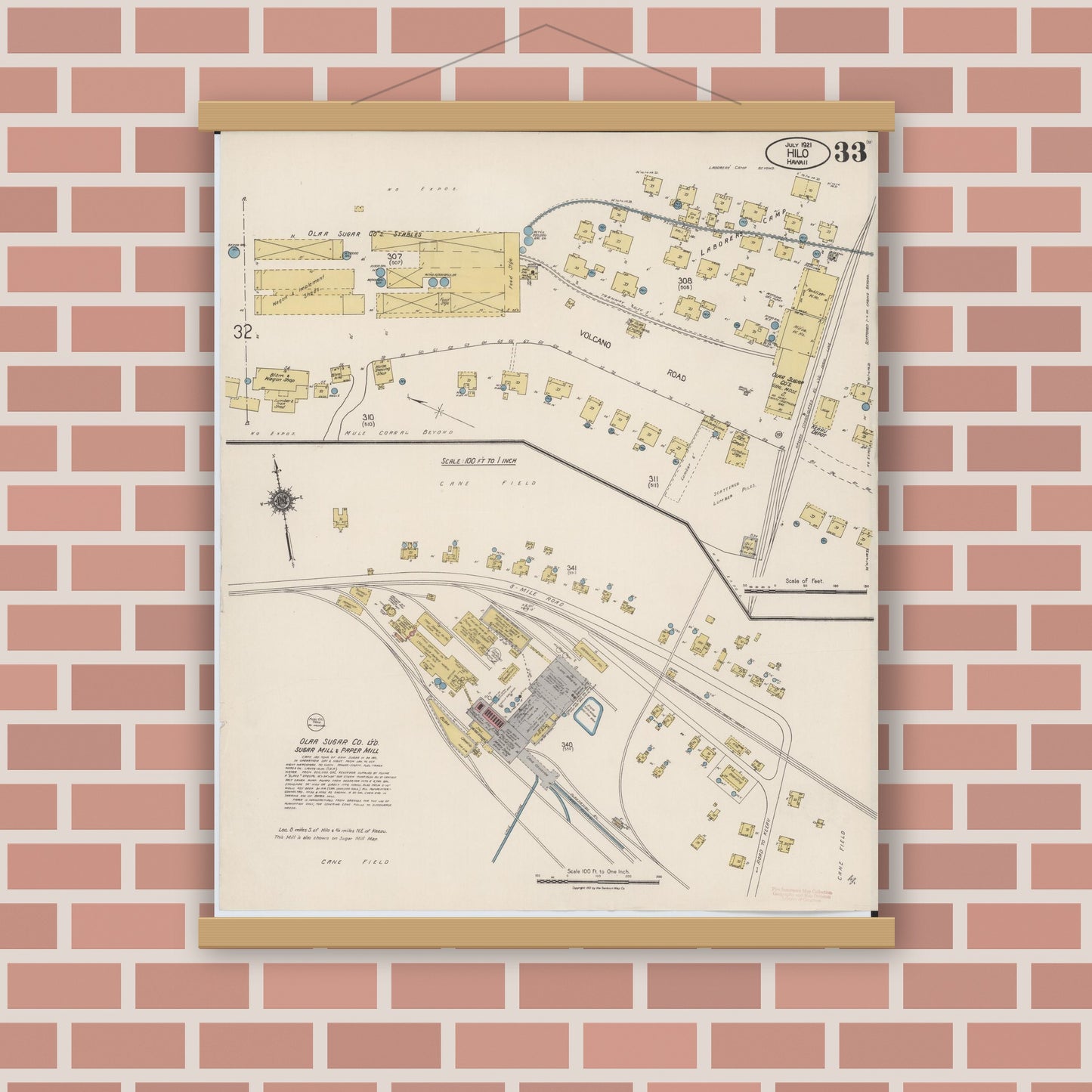 Old map wall art mockup — magnetic wood frame on brick wall — Sanborn Fire Insurance Map from Hilo, Hawaii County, Hawaii (1921), Sheet #0033