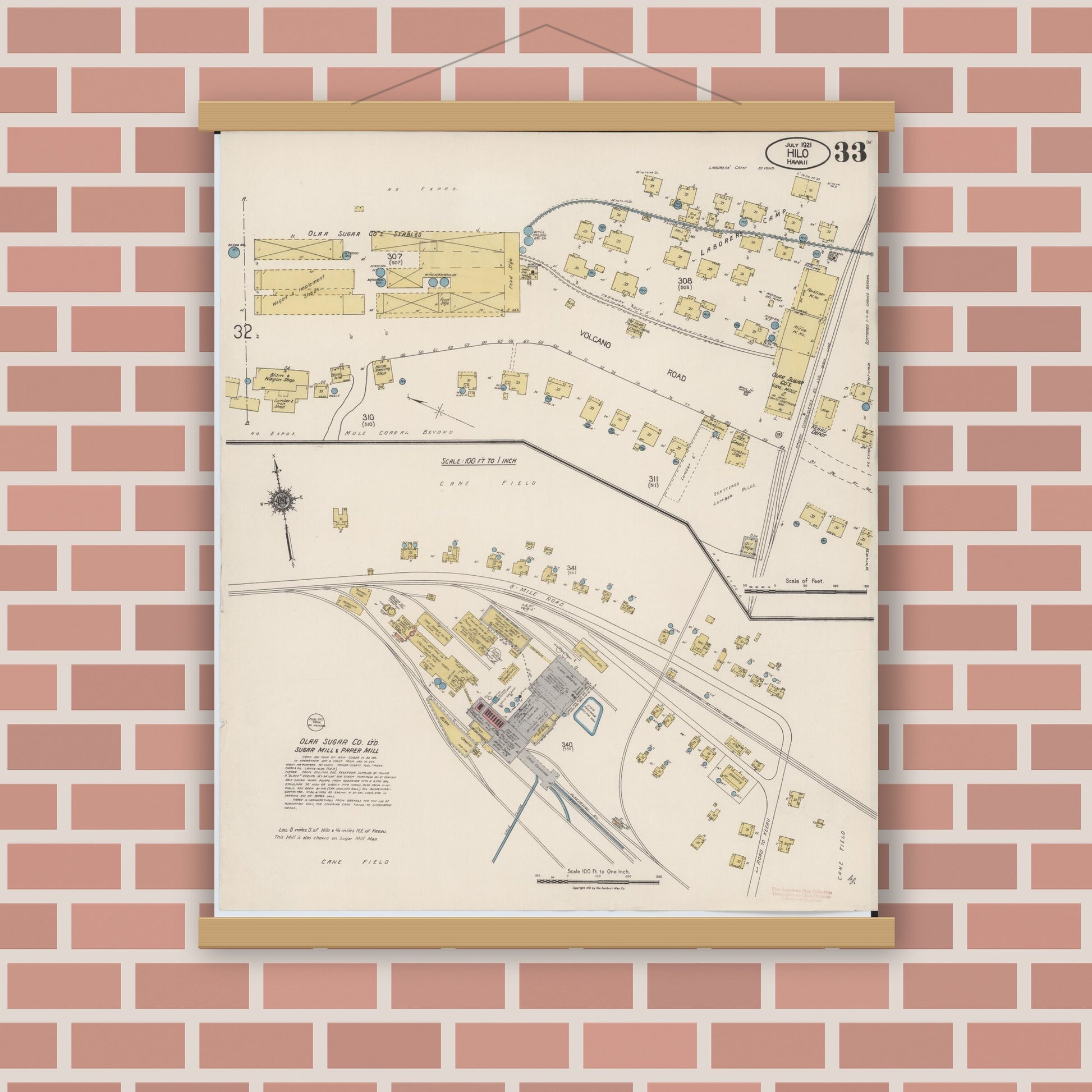 Old map wall art mockup — magnetic wood frame on brick wall — Sanborn Fire Insurance Map from Hilo, Hawaii County, Hawaii (1921), Sheet #0033