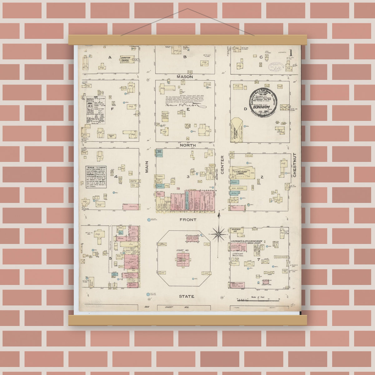 Old map wall art mockup — magnetic wood frame on brick wall — Sanborn Fire Insurance Map from Bonham, Fannin County, Texas (1885) - Complete Map Set