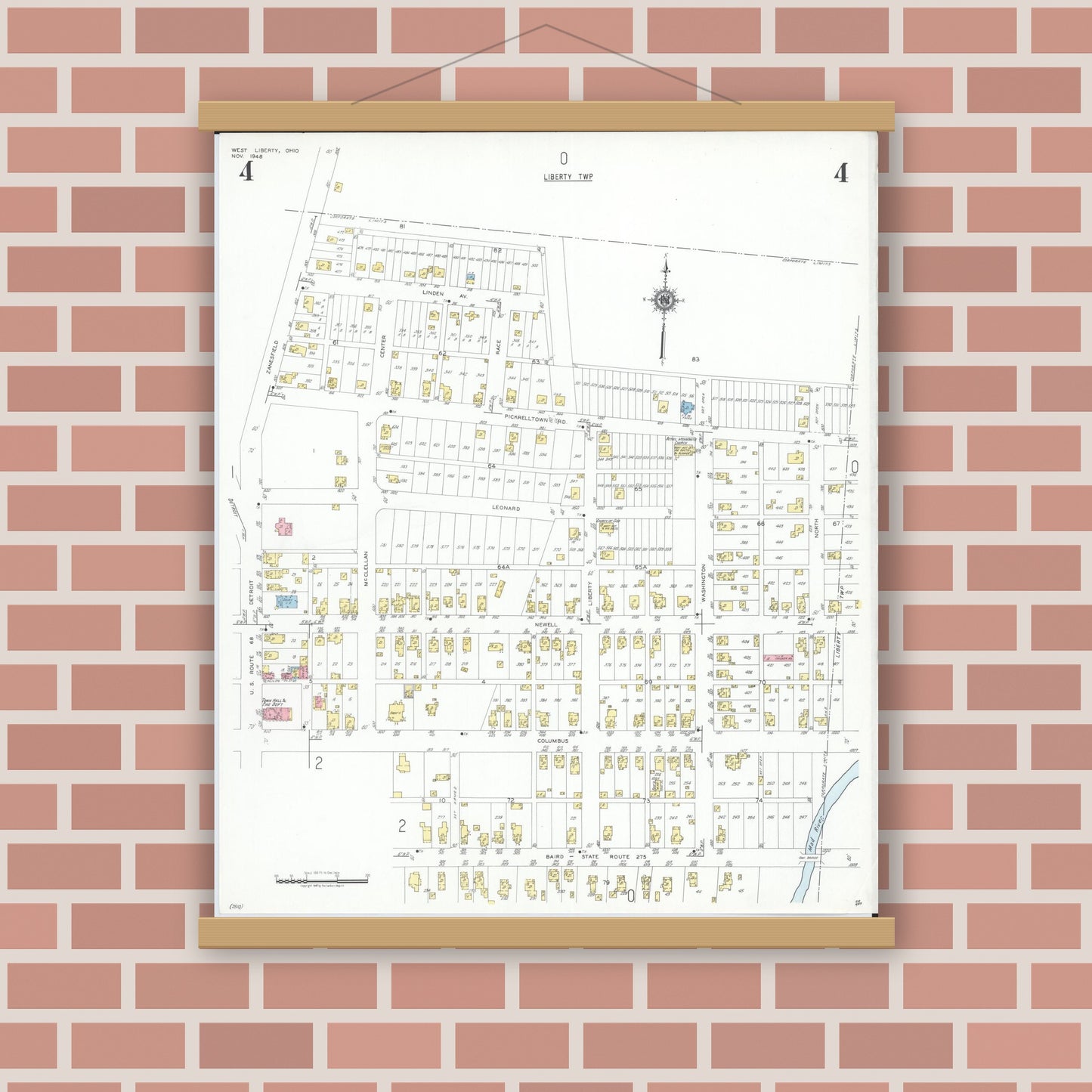 Old map wall art mockup — magnetic wood frame on brick wall — Sanborn Fire Insurance Map from West Liberty, Logan County, Ohio (1948), Sheet #0004