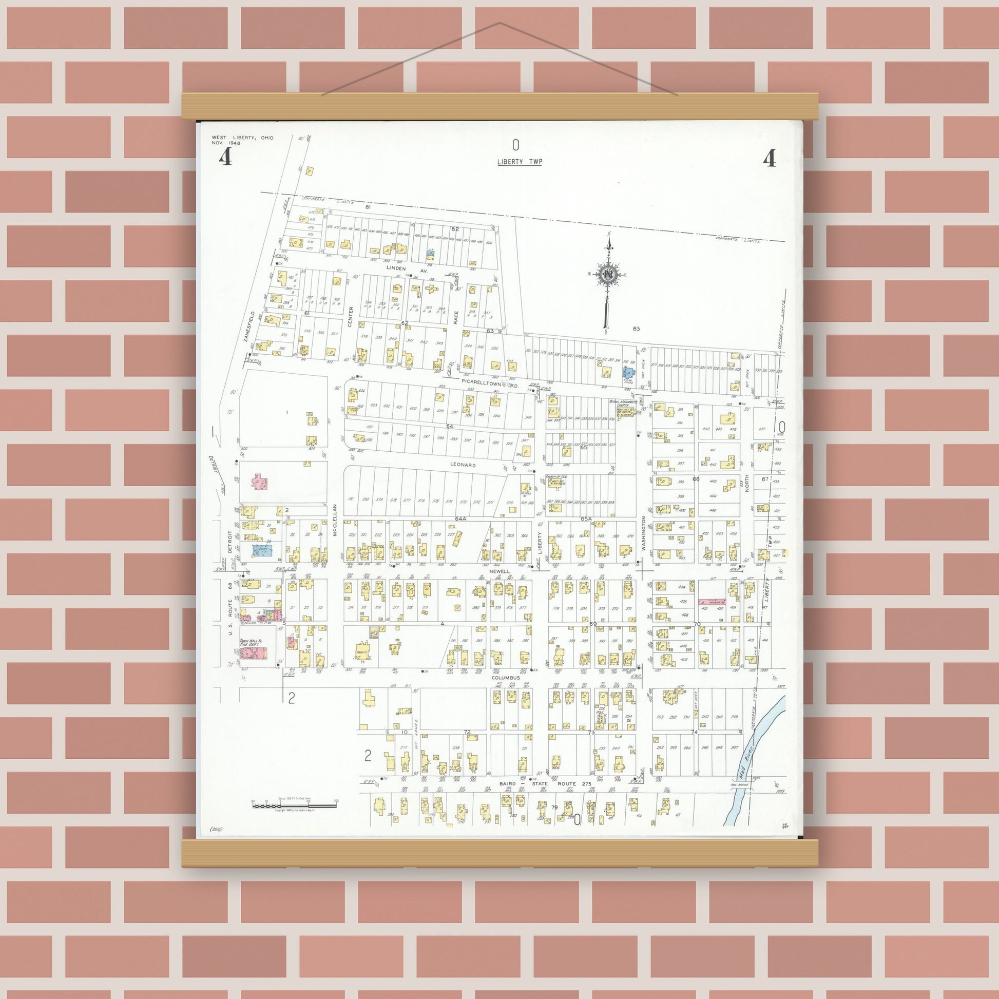 Old map wall art mockup — magnetic wood frame on brick wall — Sanborn Fire Insurance Map from West Liberty, Logan County, Ohio (1948), Sheet #0004