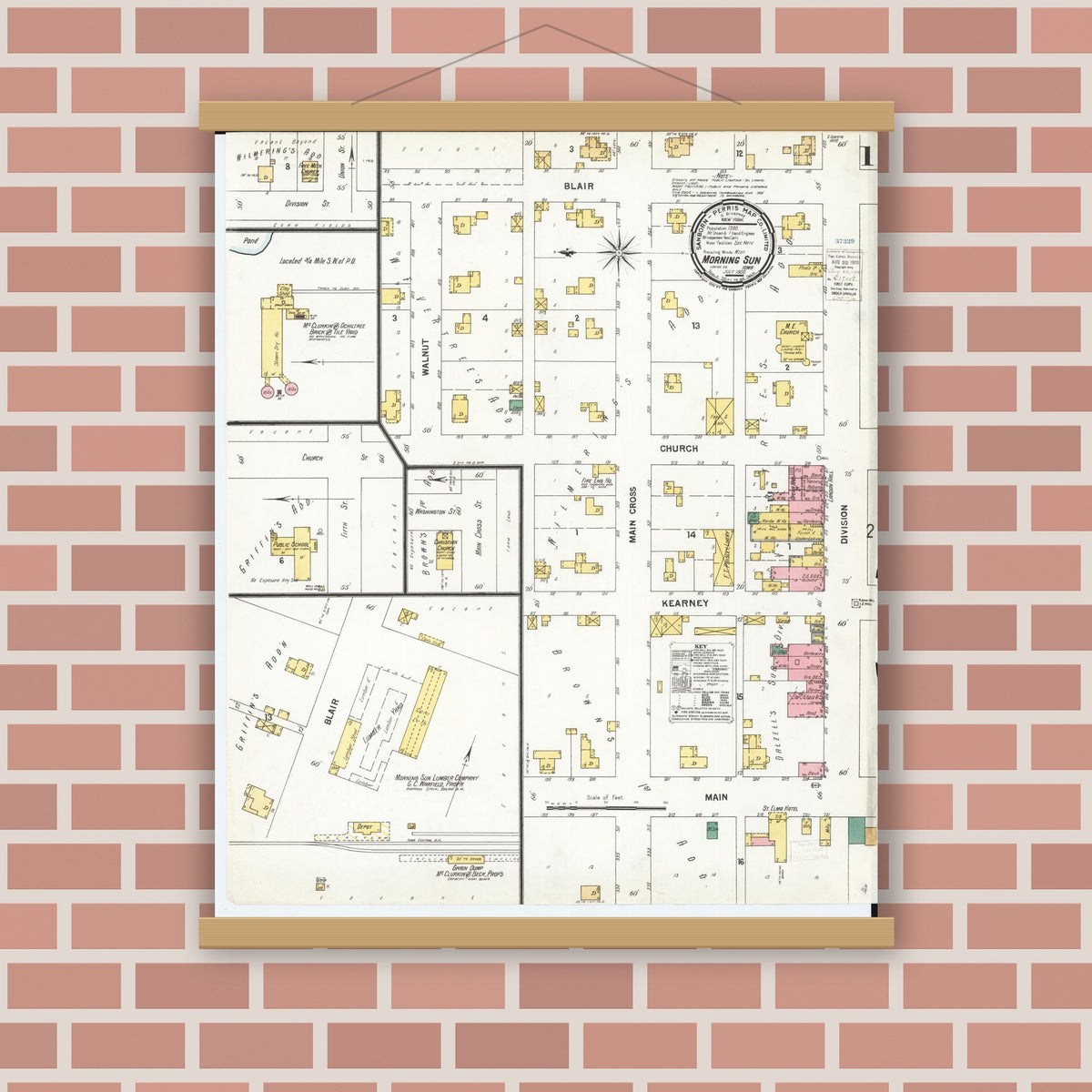 Old map wall art mockup — magnetic wood frame on brick wall — Sanborn Fire Insurance Map from Morning Sun, Louisa County, Iowa (1900), Sheet #0001