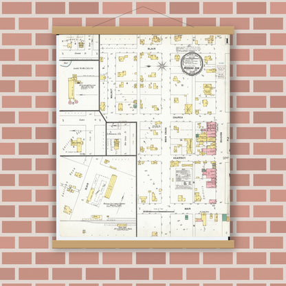 Old map wall art mockup — magnetic wood frame on brick wall — Sanborn Fire Insurance Map from Morning Sun, Louisa County, Iowa (1900), Sheet #0001