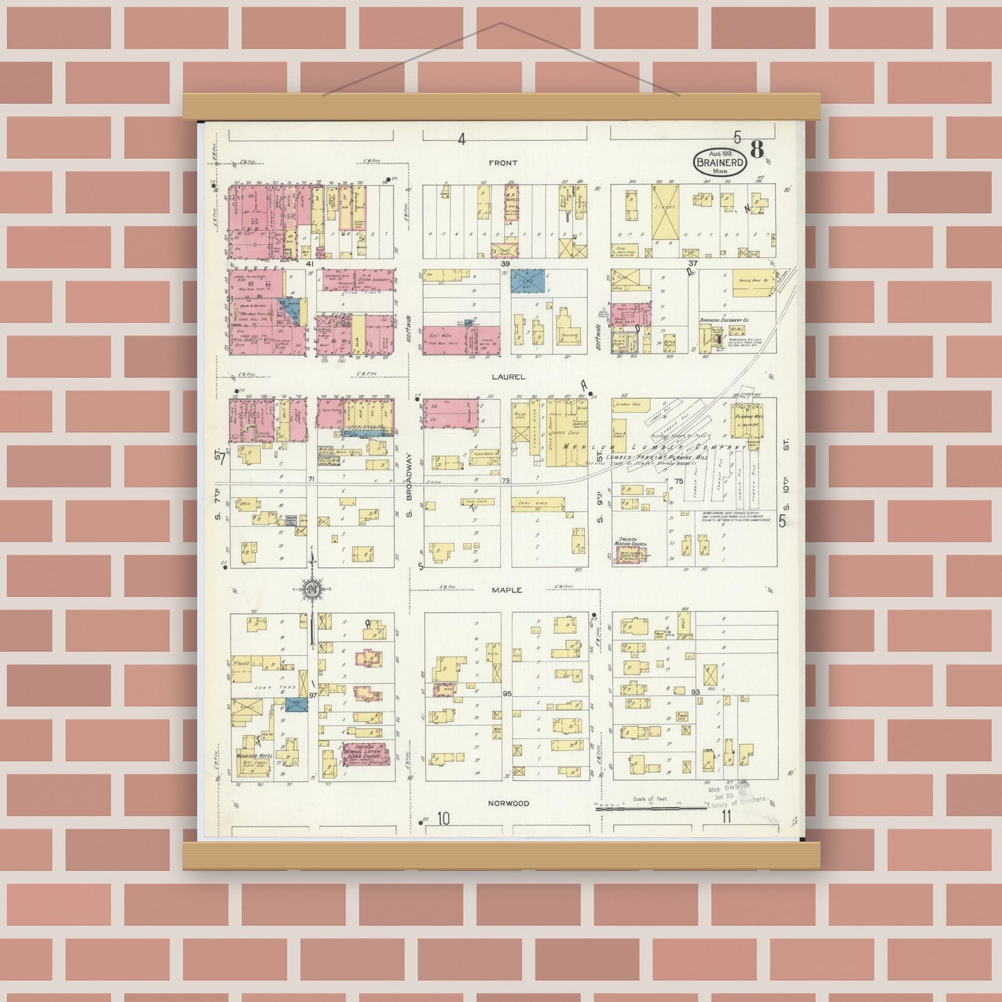 Old map wall art mockup — magnetic wood frame on brick wall — Sanborn Fire Insurance Map from Brainerd, Crow Wing County, Minnesota (1913), Sheet #0008