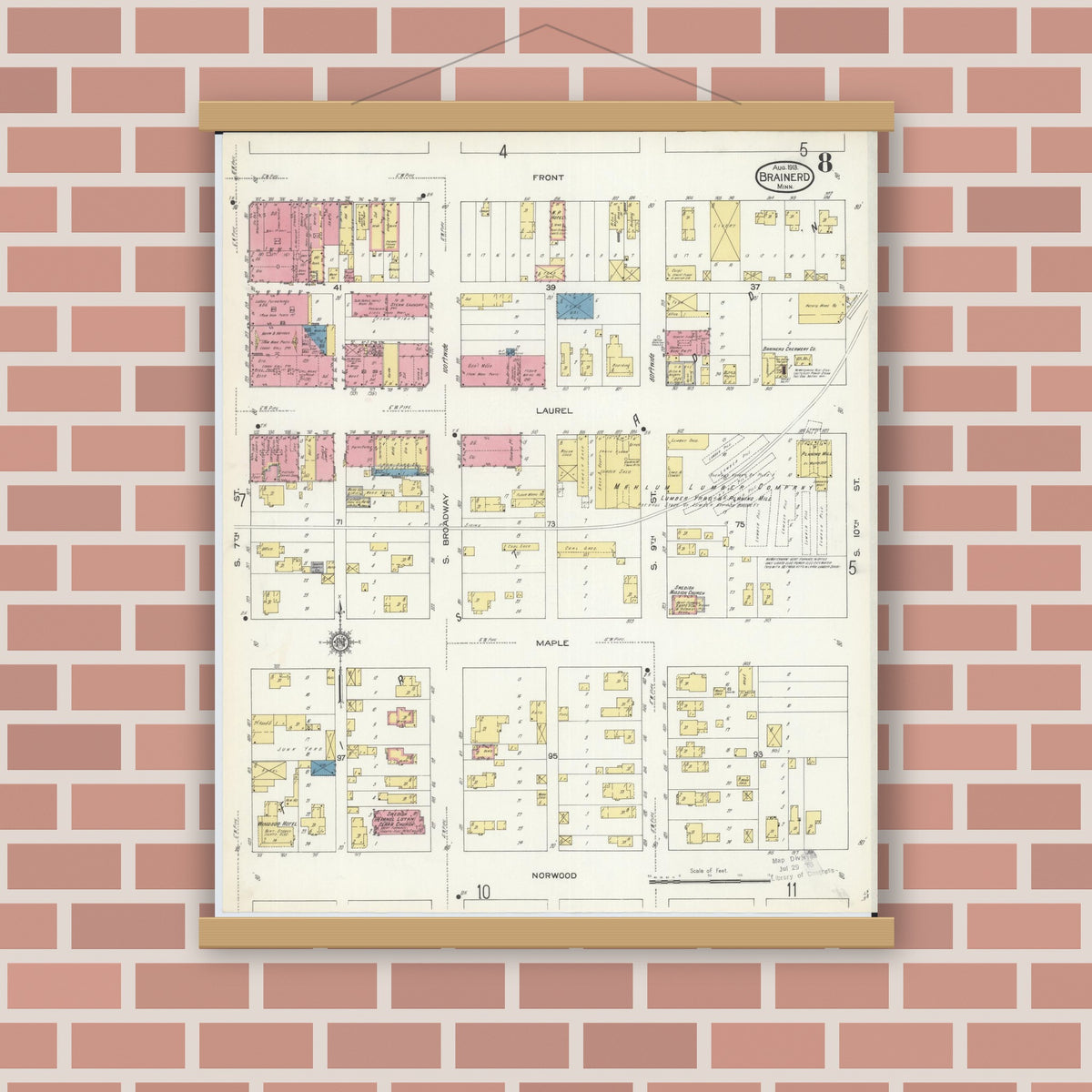 Old map wall art mockup — magnetic wood frame on brick wall — Sanborn Fire Insurance Map from Brainerd, Crow Wing County, Minnesota (1913), Sheet #0008