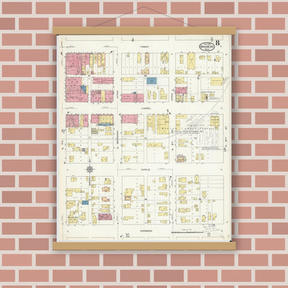 Old map wall art mockup — magnetic wood frame on brick wall — Sanborn Fire Insurance Map from Brainerd, Crow Wing County, Minnesota (1913), Sheet #0008