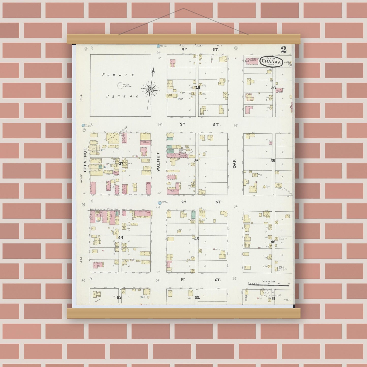 Old map wall art mockup — magnetic wood frame on brick wall — Sanborn Fire Insurance Map from Chaska, Carver County, Minnesota (1891), Sheet #0002