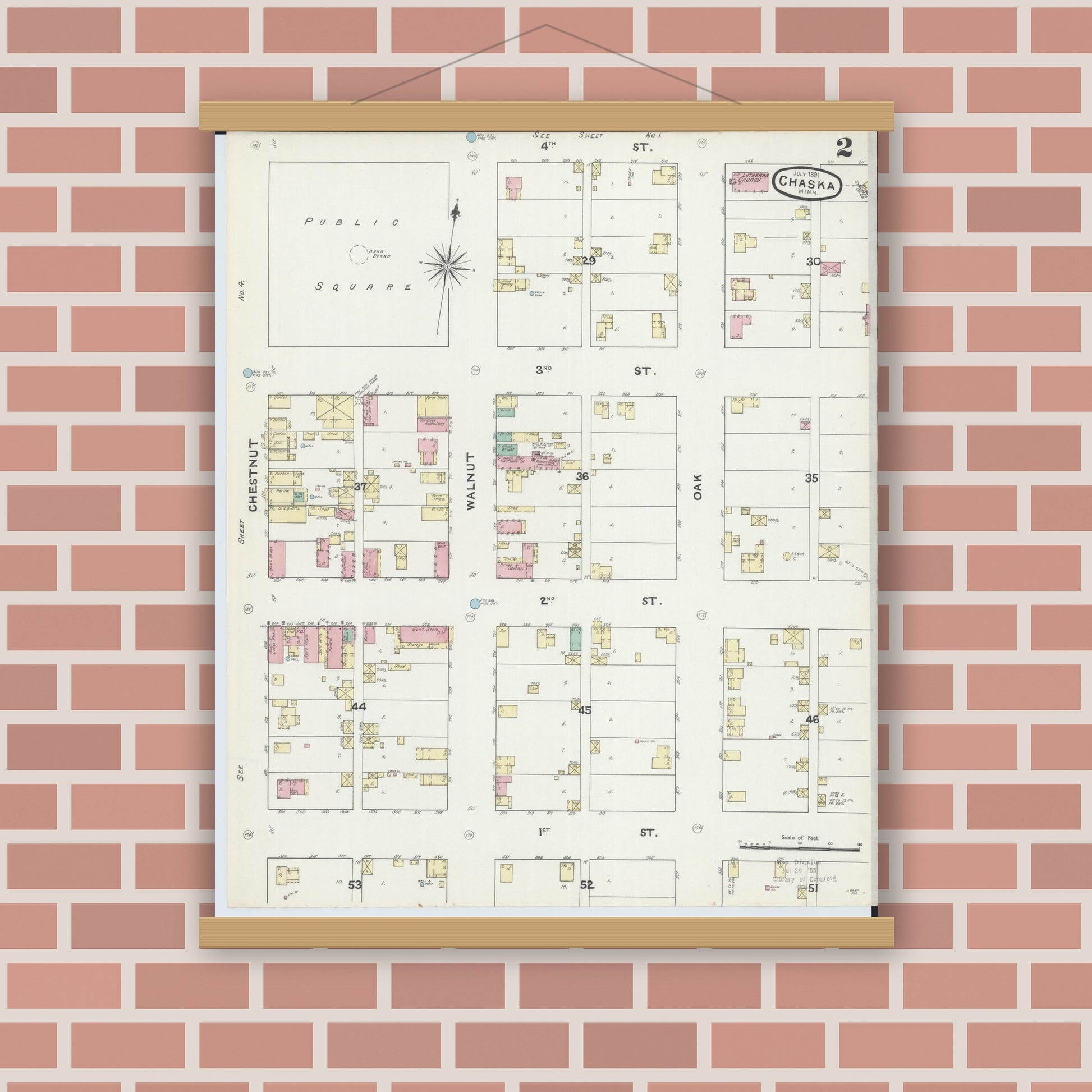Old map wall art mockup — magnetic wood frame on brick wall — Sanborn Fire Insurance Map from Chaska, Carver County, Minnesota (1891), Sheet #0002