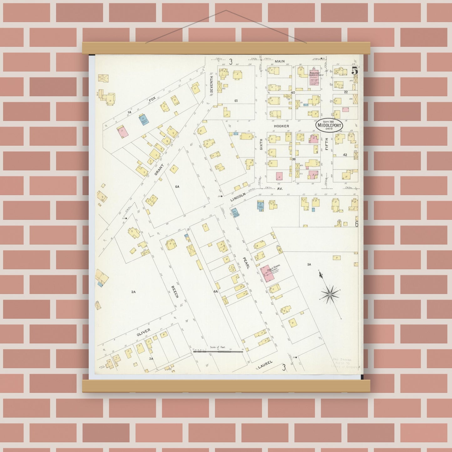 Old map wall art mockup — magnetic wood frame on brick wall — Sanborn Fire Insurance Map from Middleport, Meigs County, Ohio (1908), Sheet #0005