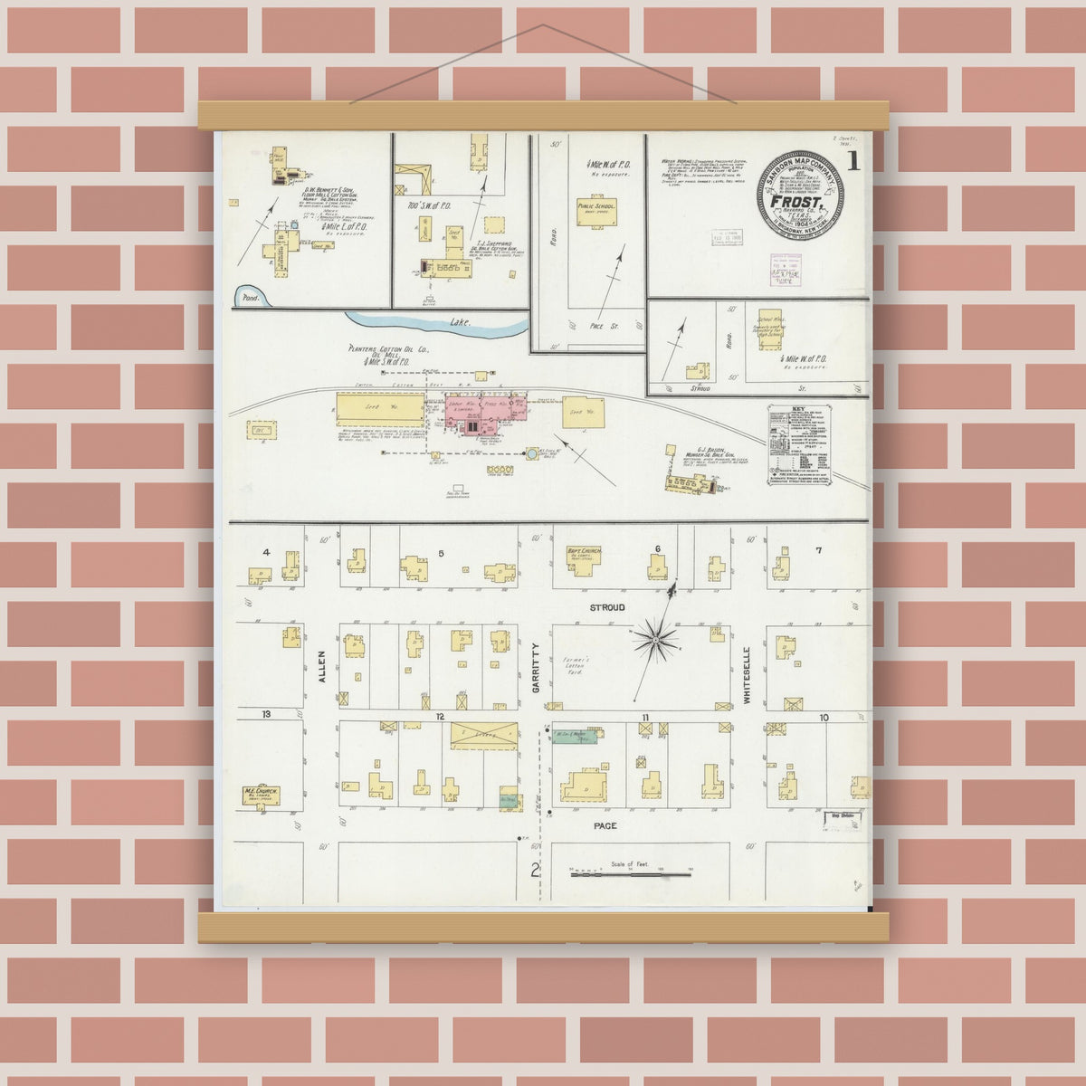 Old map wall art mockup — magnetic wood frame on brick wall — Sanborn Fire Insurance Map from Frost, Navarro County, Texas (1904) - Complete Map Set