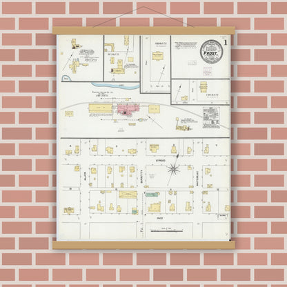 Old map wall art mockup — magnetic wood frame on brick wall — Sanborn Fire Insurance Map from Frost, Navarro County, Texas (1904) - Complete Map Set
