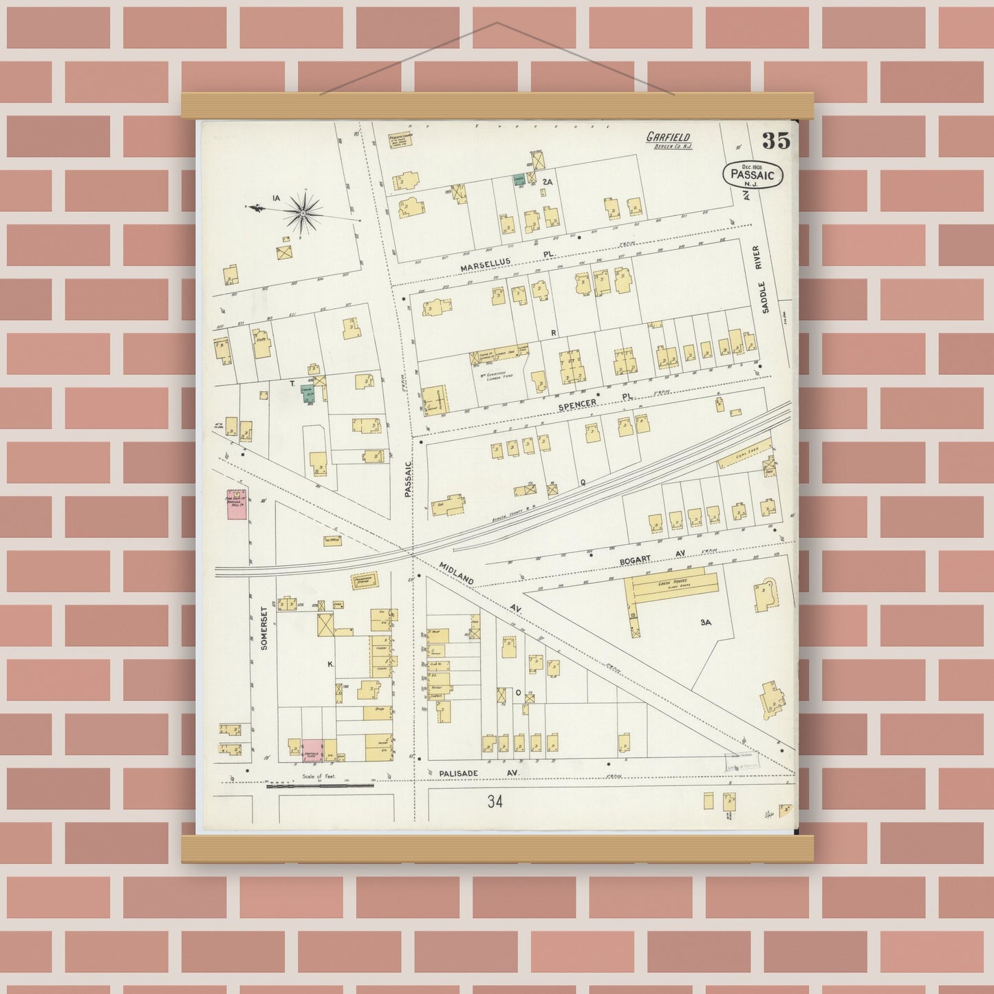 Old map wall art mockup — magnetic wood frame on brick wall — Sanborn Fire Insurance Map from Passaic, Passaic County, New Jersey (1903), Sheet #0035