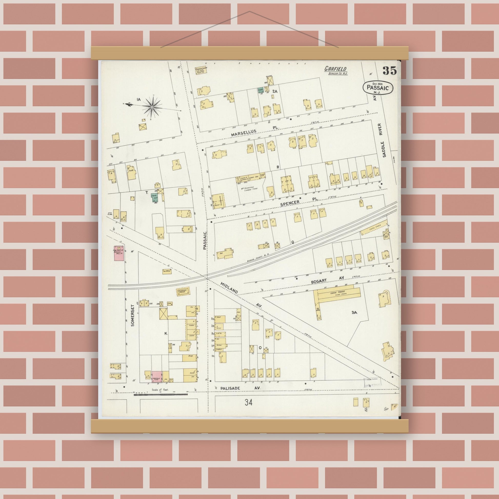 Old map wall art mockup — magnetic wood frame on brick wall — Sanborn Fire Insurance Map from Passaic, Passaic County, New Jersey (1903), Sheet #0035