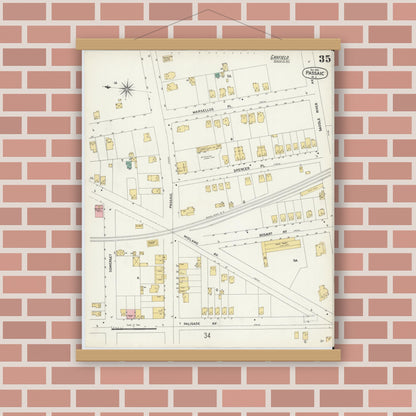 Old map wall art mockup — magnetic wood frame on brick wall — Sanborn Fire Insurance Map from Passaic, Passaic County, New Jersey (1903), Sheet #0035