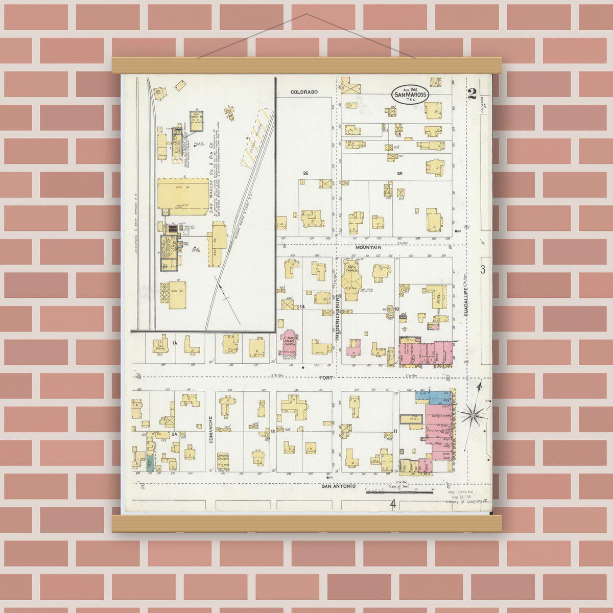 Old map wall art mockup — magnetic wood frame on brick wall — Sanborn Fire Insurance Map from San Marcos, Hays County, Texas (1906), Sheet #0002