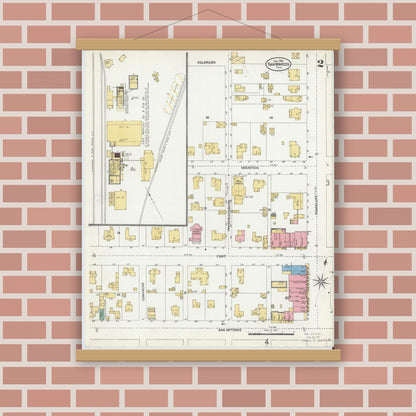Old map wall art mockup — magnetic wood frame on brick wall — Sanborn Fire Insurance Map from San Marcos, Hays County, Texas (1906), Sheet #0002