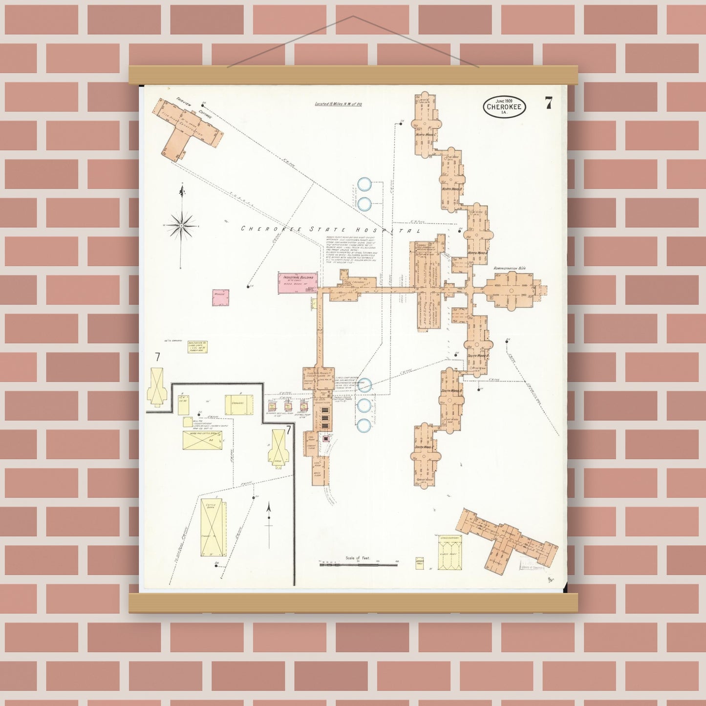 Old map wall art mockup — magnetic wood frame on brick wall — Sanborn Fire Insurance Map from Cherokee, Cherokee County, Iowa (1909), Sheet #0007