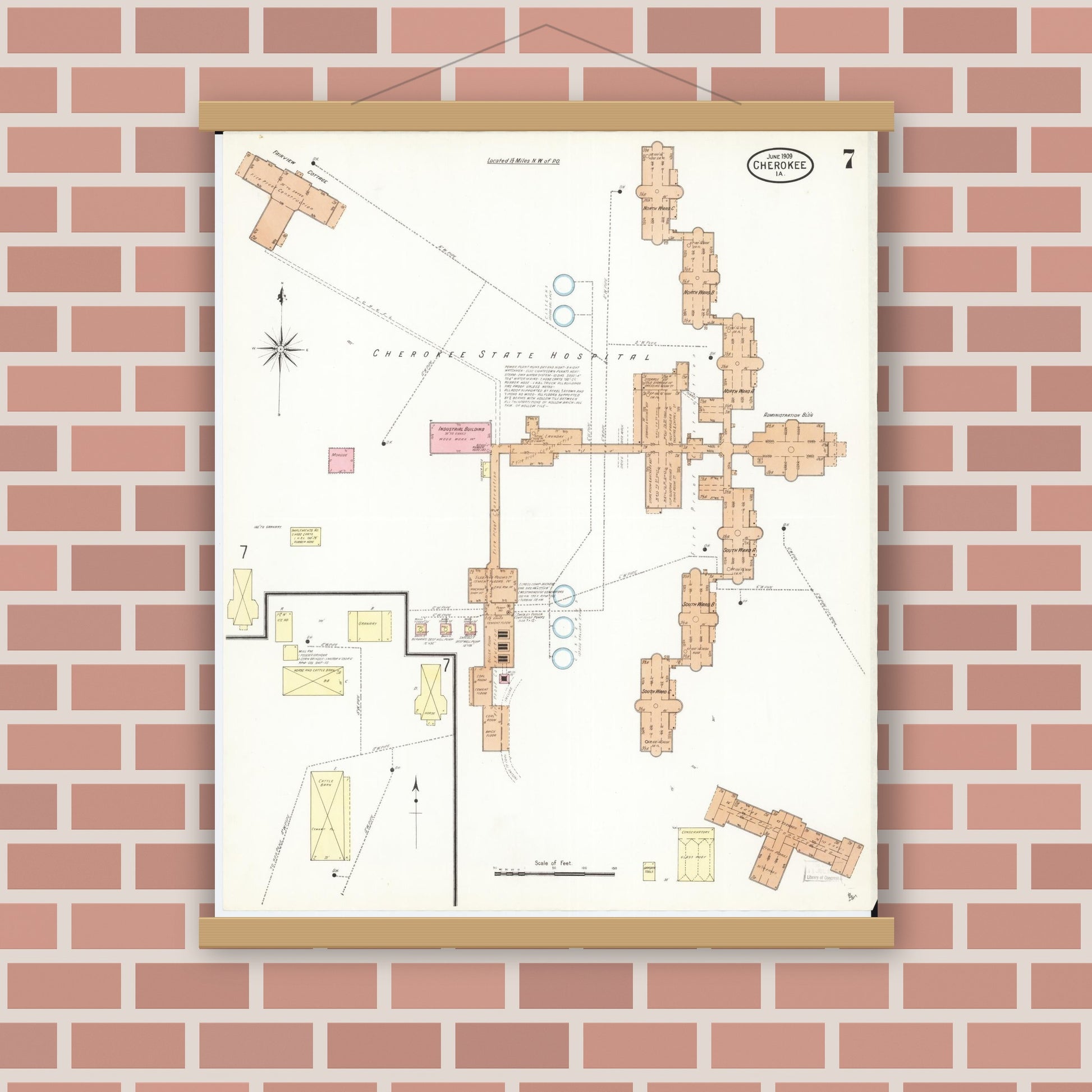 Old map wall art mockup — magnetic wood frame on brick wall — Sanborn Fire Insurance Map from Cherokee, Cherokee County, Iowa (1909), Sheet #0007