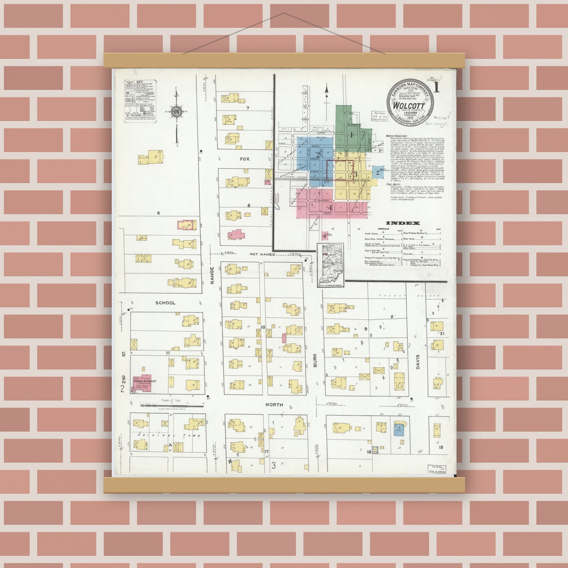 Old map wall art mockup — magnetic wood frame on brick wall — Sanborn Fire Insurance Map from Wolcott, White County, Indiana (1919) - Complete Map Set