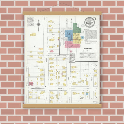 Old map wall art mockup — magnetic wood frame on brick wall — Sanborn Fire Insurance Map from Wolcott, White County, Indiana (1919) - Complete Map Set